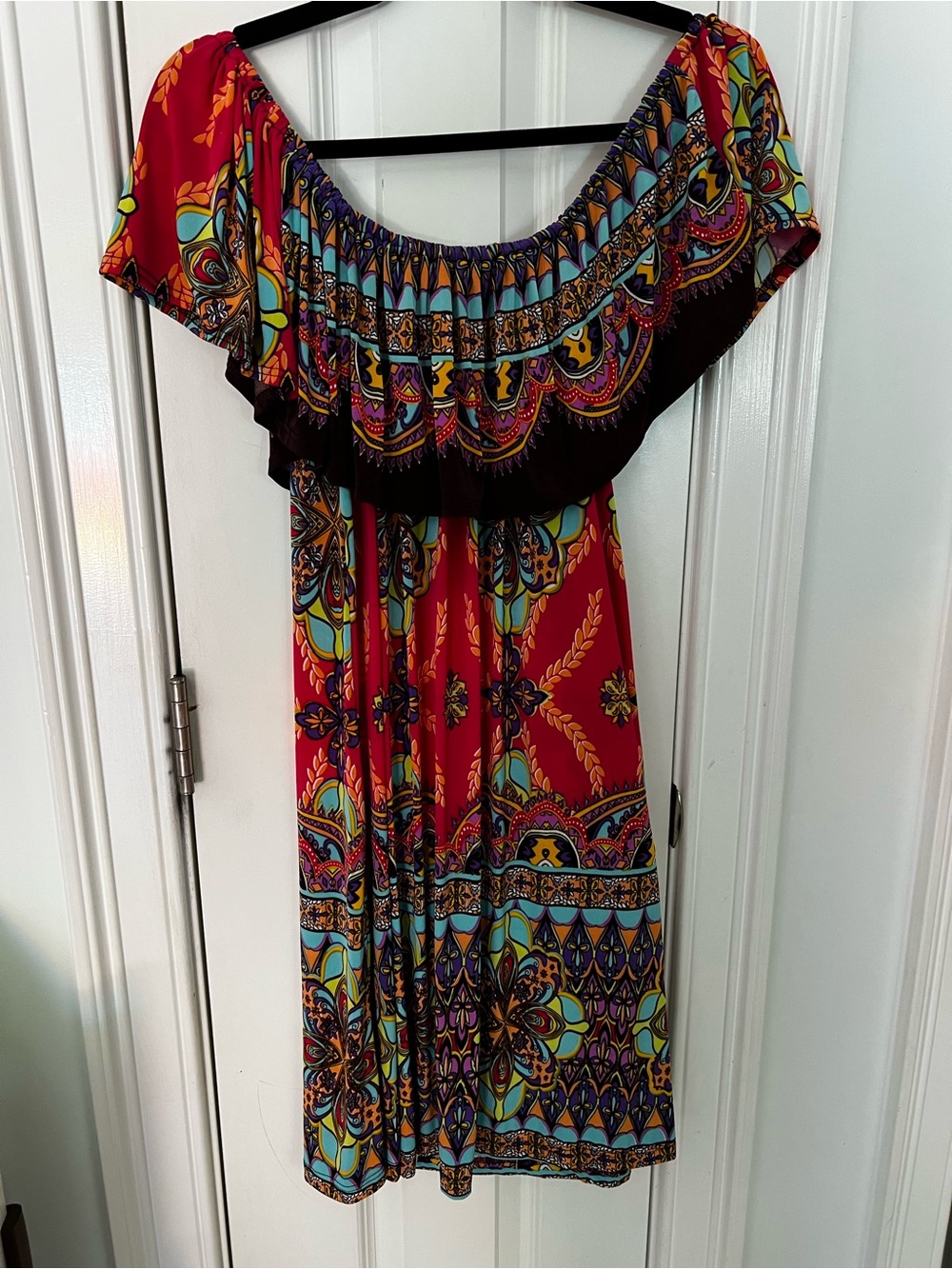 24/7 Comfort Apparel Red Off the Shoulder Bohemian Print Dress with Black Ruffle